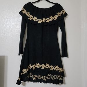 Bronte Black, Tan Off Shoulder Peasant Ruffled, Embroidered High-low Dress Sz S